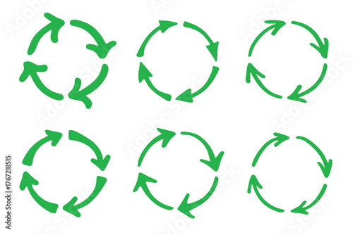 Set of hand drawn recycle arrow icon Recycling resources symbol Reuse of materials, zero waste, green environment, saving the planet