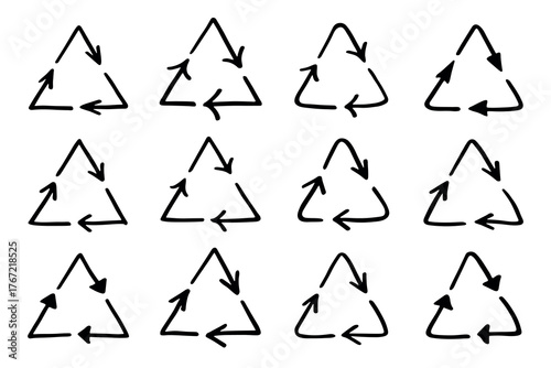 Set of hand drawn recycle arrow icon Recycling resources symbol Reuse of materials, zero waste, green environment, saving the planet