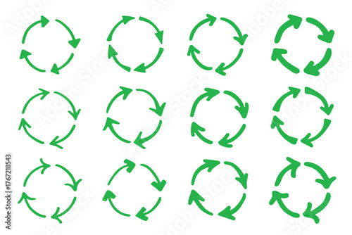 Set of hand drawn recycle arrow icon Recycling resources symbol Reuse of materials, zero waste, green environment, saving the planet