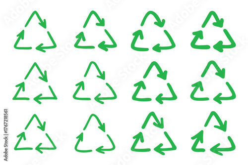 Set of hand drawn recycle arrow icon Recycling resources symbol Reuse of materials, zero waste, green environment, saving the planet