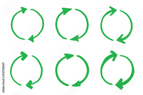 Set of hand drawn recycle arrow icon Recycling resources symbol Reuse of materials, zero waste, green environment, saving the planet