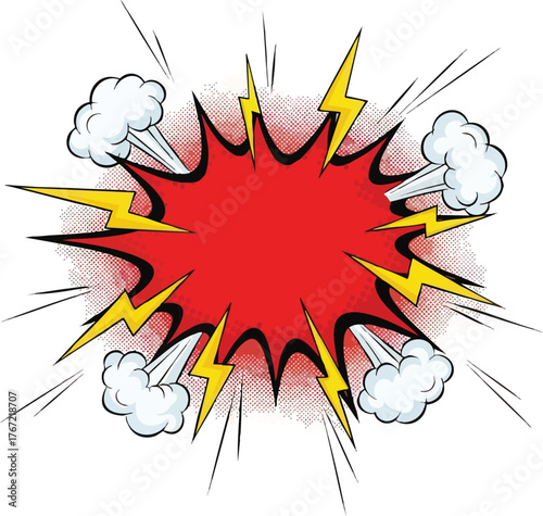 Comic book explosion with lightning and smoke effect.