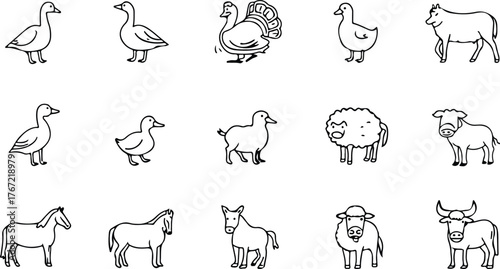 Farm animals line icon set consisting of delicate.