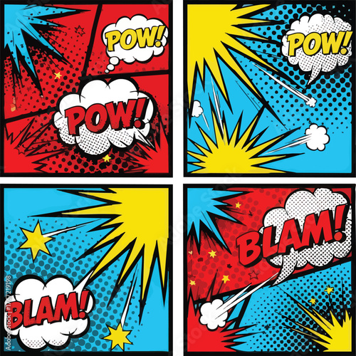 Comic book style explosion sound effects in pop art.