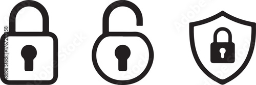 Security Icons Set - Locked, Unlocked Padlock, and Shield Vector