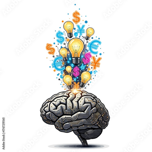 Brilliant mind ignites financial success with innovative ideas and global currency symbols bursting forth from a circuitry-infused brain.