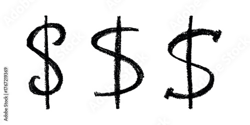 Set of hand drawn dollar currency symbol. Brush stroke doodle. Single element for design
