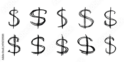 Set of hand drawn dollar currency symbol. Brush stroke doodle. Single element for design