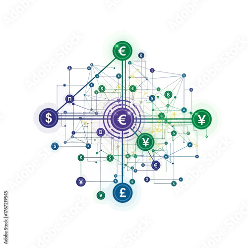Global currency network showing dollar, euro, yen, pound, and bitcoin connected in a modern, vibrant design ideal for finance and business applications
