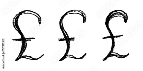 Set of hand drawn british pound currency symbol. Brush stroke doodle. Single element for design