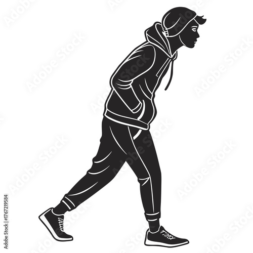 Silhouette of a young person wearing a hoodie and jogging pants