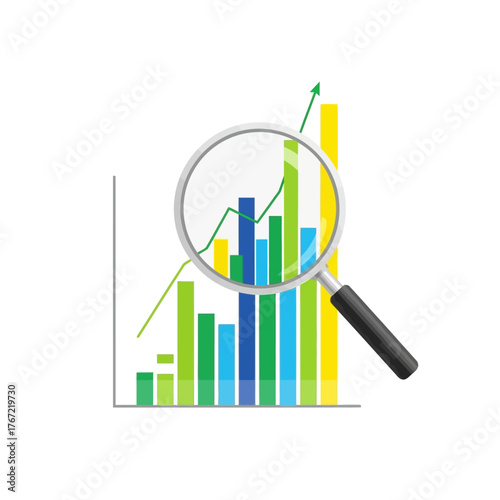 Analyze business growth trends with a magnifying glass on a dynamic bar graph, visualizing potential and profitability for financial success and investment strategy