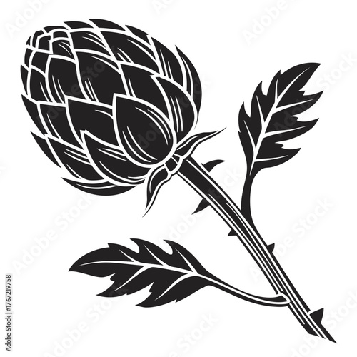 Stylized black and white artichoke with leaves