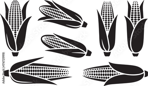 Set of Corn Cob Silhouettes in Husk - Harvest Food Vector Icons