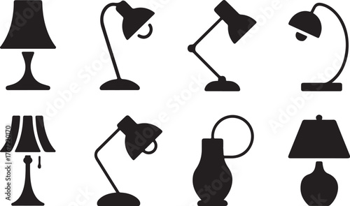 Set of Desk Lamp and Table Lamp Silhouettes - Lighting Equipment Vector