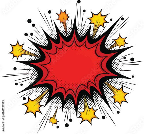 Comic Book Style Explosion with Red Center and Yellow Star Bursts.