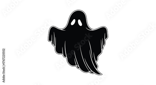 Spooky black silhouette of a ghost with dripping edges and glowing eyes on a white background