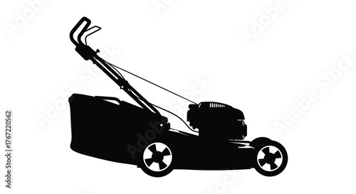 Silhouette of a modern gasoline powered lawn mower with a grass catcher on a white background