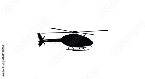 Silhouette of a modern utility helicopter in flight against a clean white background showcasing its aerodynamic design and rotor blades