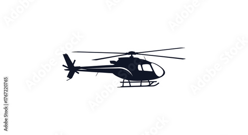 Silhouette of a sleek modern helicopter in flight against a clean white background with its rotor blades visible