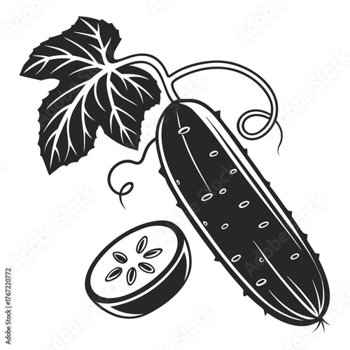 Stylized cucumber with leaf and slice on black background
