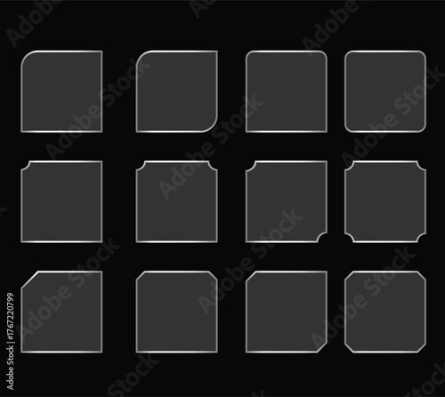 Collection of twelve glass effect different rounded corner square frames on a black background