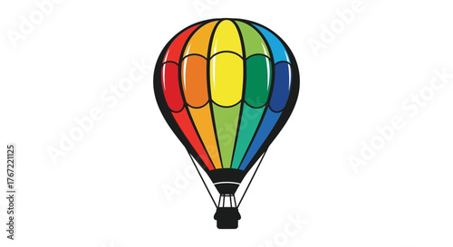 Vibrant rainbow colored hot air balloon with black basket floating against a clean white background