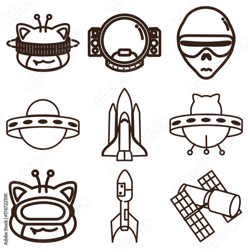 line art of a bundle of space collection with item of cat alien, astronaut, alien, ufo, rocket and satellite in cartoon doodle style