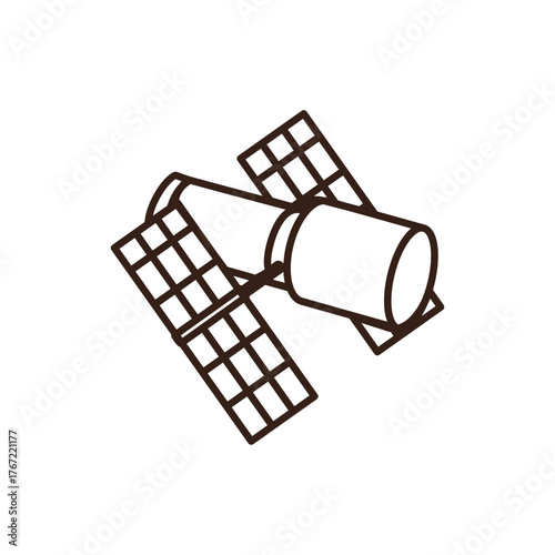 line art of a cartoon-style satellite with a light green cylindrical body and two rectangular solar panels featuring blue cells and dark blue outlines