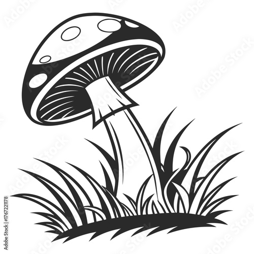 Stylized mushroom with spots in tall grass