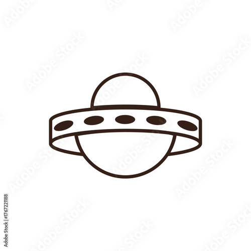 line art of cartoon-style brown flying saucer with a grey rim adorned with purple circles and a light blue dome on top