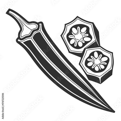 Stylized illustration of okra pod and slices