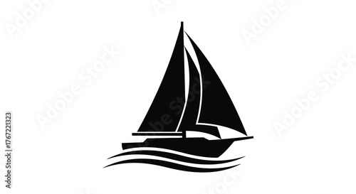 Silhouette of a modern sailboat with full sails gliding gracefully across wavy water