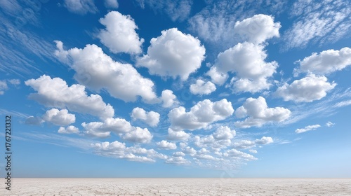 Vast Expansive Blue Sky Filled With Puffy White Cumulus Clouds And Streaks Of Cirrus Clouds Over A Pebble Beach Under Bright Sunlight