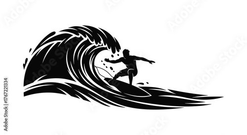 Silhouette of a surfer riding a massive crashing wave in a dynamic black and white illustration