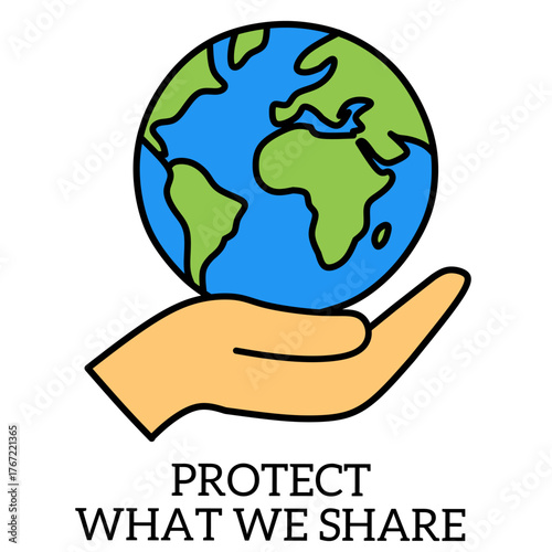 Logo about the planet earth sphere background with outstreched hands behind the white word PROTECT WHAT WE SHARE. This logo is about environment and is suitable for various commercial uses.