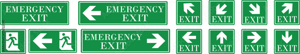 Fototapeta premium Emergency Exit Icon set. Running man emergency fire exit sign. Exit emergency arrow sign vector image, vector symbol. Fire exit keep clear sign showing a running person on transparent background.