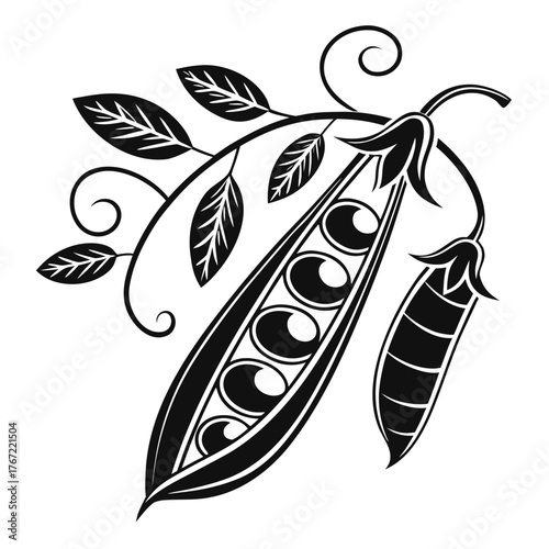 Stylized pea pods and leaves on a black background