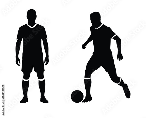 Two silhouette soccer players one standing still one kicking a ball