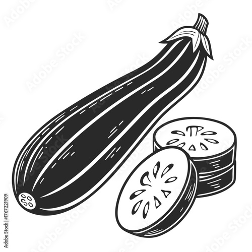 Stylized illustration of zucchini and slices