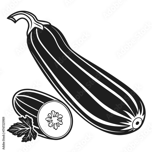 Stylized zucchini vegetable illustration with slice and leaf