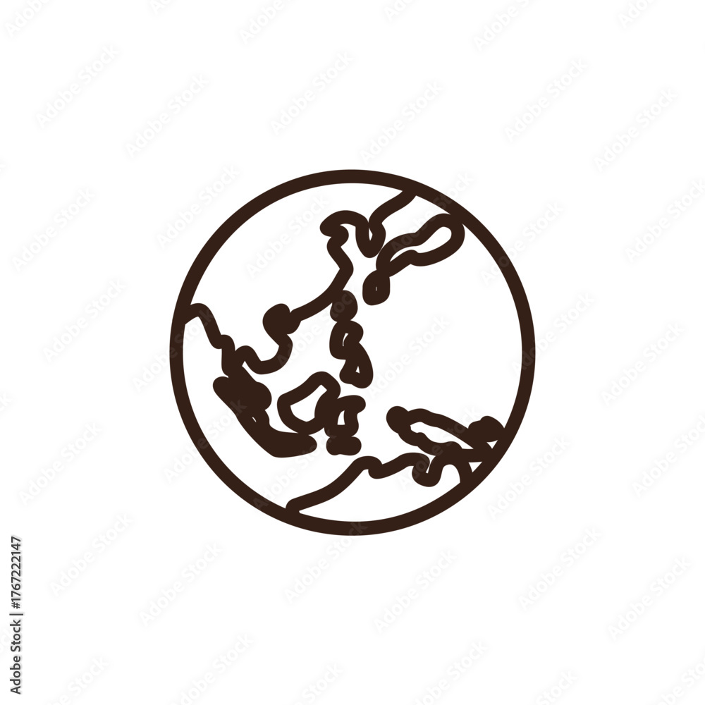 Fototapeta premium line art of the Earth, showing green landmasses against a blue ocean background. The visible continents appear to be parts of Asia and Australia, outlined in dark brown