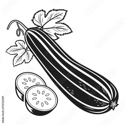 Stylized black and white illustration of a zucchini with slices and leaves