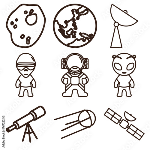 set line art of space theme with asteroid, earth, satellite dish, alien, astronaut, telescope and Sputnik