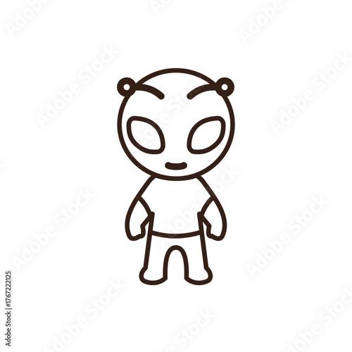 line art of alien character with a green body, wearing a yellow t-shirt. The alien has large, dark brown oval eyes, a small smiling mouth, and two small pink antennae-like bumps on its head
