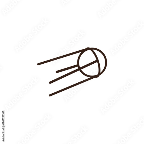 line art of a satellite, resembling Sputnik. It has a light grey spherical body with a dark outline, and three dark brown, thin antennae or rods extending from one side, suggesting motion