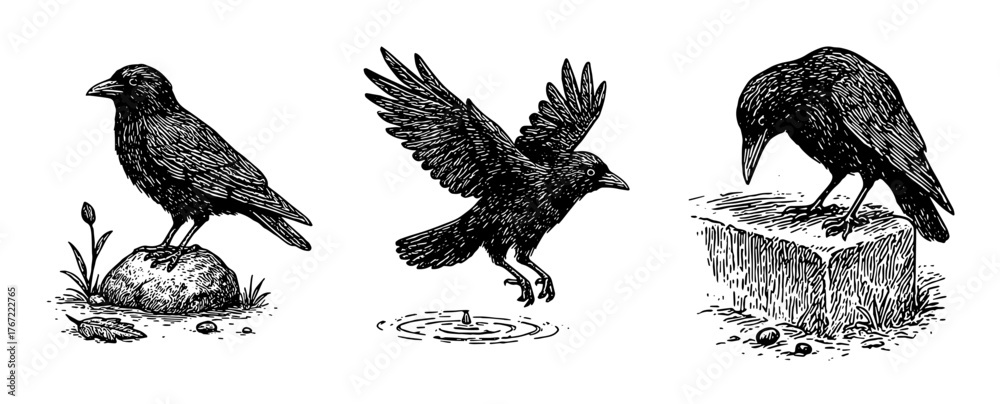 Fototapeta premium カラスの動きとしぐさを描いたペン画イラスト、Crow Gestures and Movements – Ink Illustration