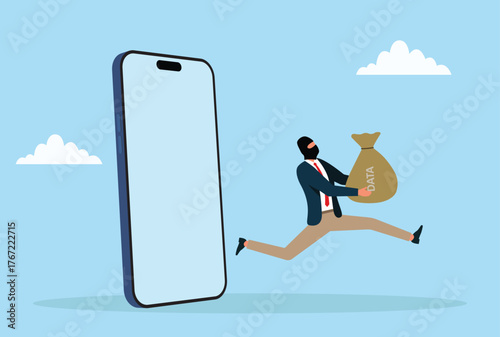 Vector illustration of a masked cyber thief running with a bag labeled ‘DATA’ from a smartphone, symbolizing data theft, cybercrime, hacking, and digital security risks in the online world
