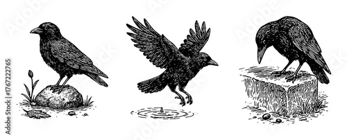 カラスの動きとしぐさを描いたペン画イラスト、Crow Gestures and Movements – Ink Illustration