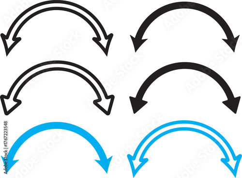dual sided curve arrow icon set. Double headed curved arrow symbol. Semicircular curved.  Dual arrow sign. Dual sided arrow vector, icon,  long double ended arrow. Dual semi circle arrow set